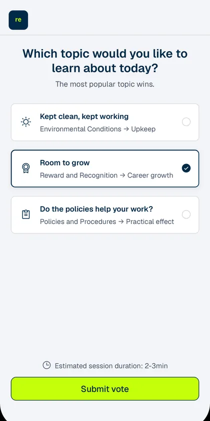 Reflectal on a phone, showing the team choosing which topic to look at next
